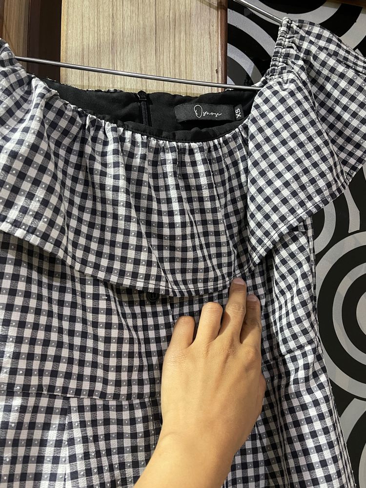 A Beautiful Off Shoulder Black White Check Dress