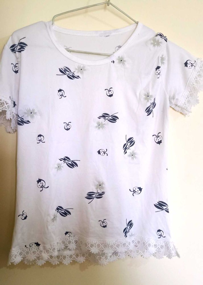 White Colour Printed T Shirt For Women