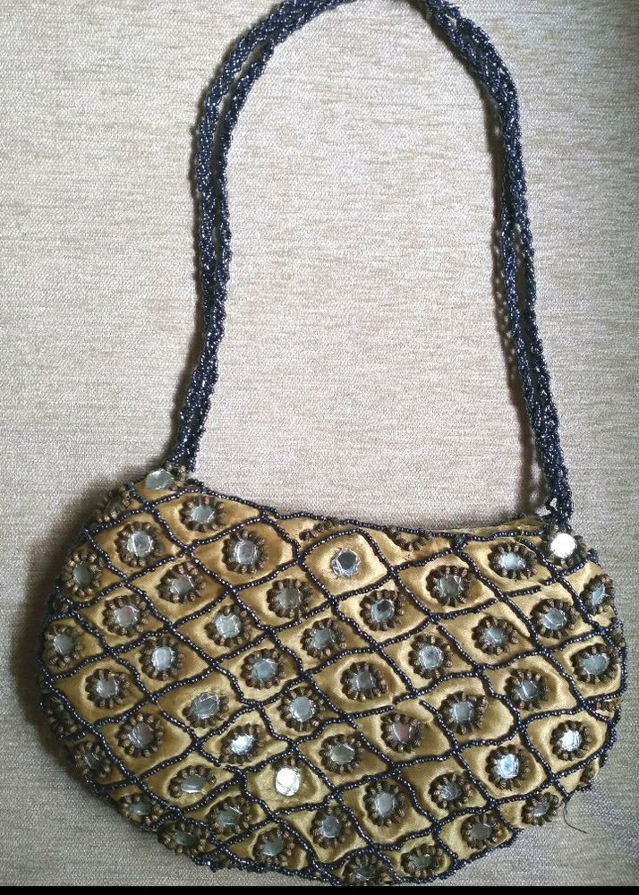 Beige Handbag With Blue Beadwork