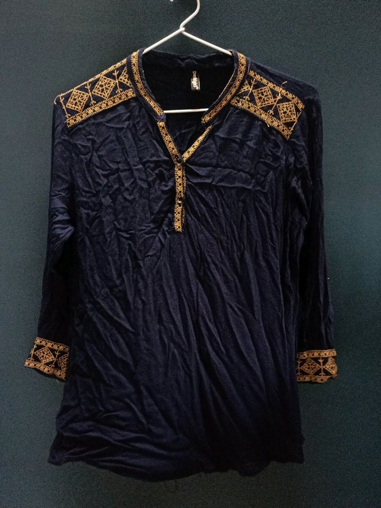 Navy Blue Cotton Top With Thread Embroidery -m/L