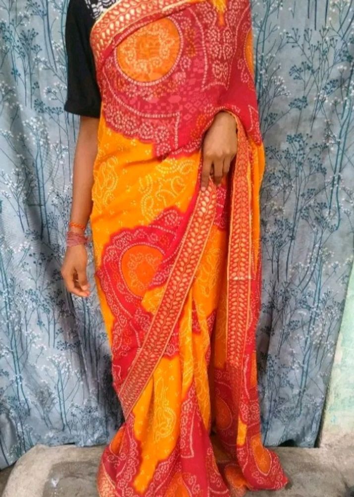 Beautiful Orange Bandhani Print Saree