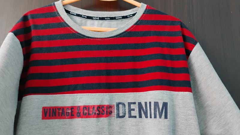 Grey With Red/Black Stripe Cotton Tshirt