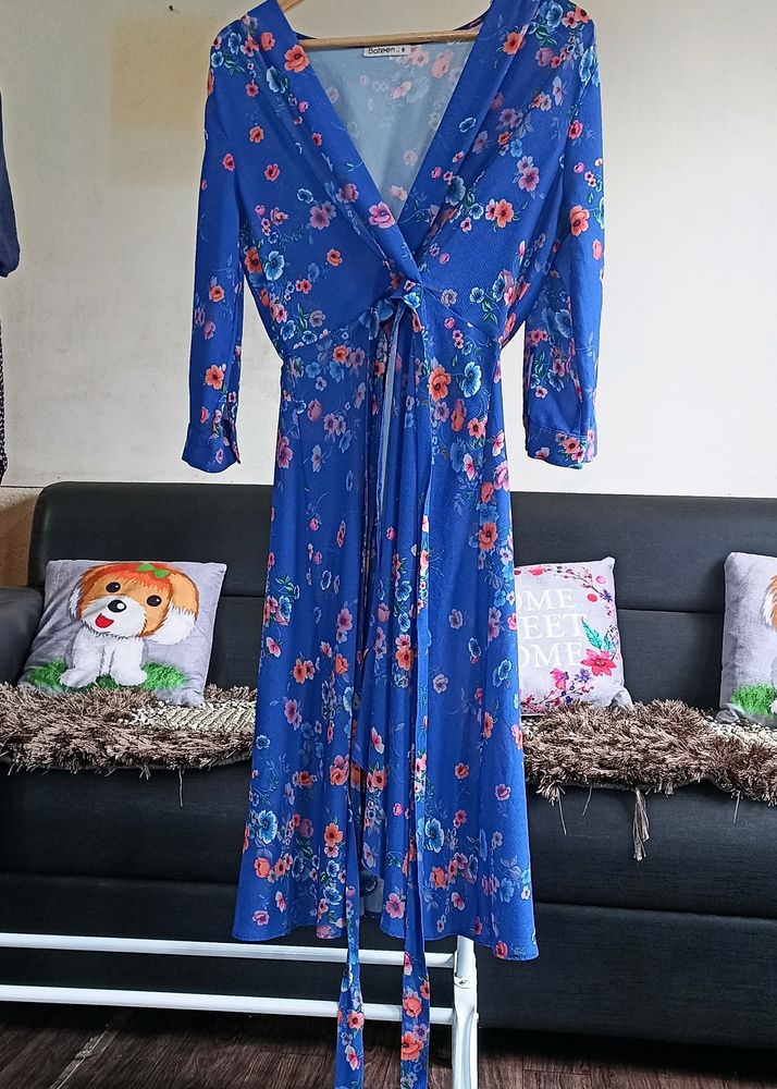 Blue Floral Wrap around Dress