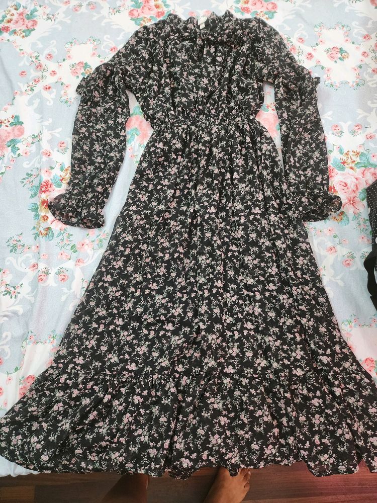 Mid Length Black Flowery Dress