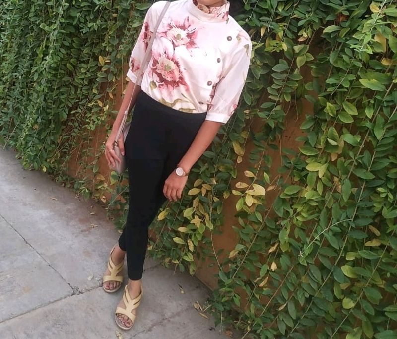 Floral Cream Colour Top With Pink And Brown Flower