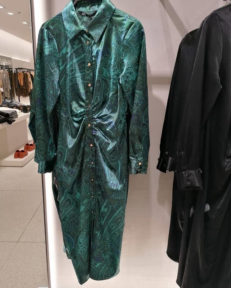 ZARA green satin paisley print ruched shirt