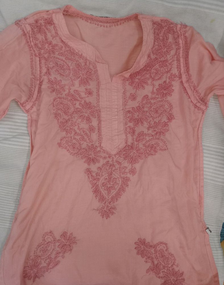 Chikankari Embroidery Peach Kurti