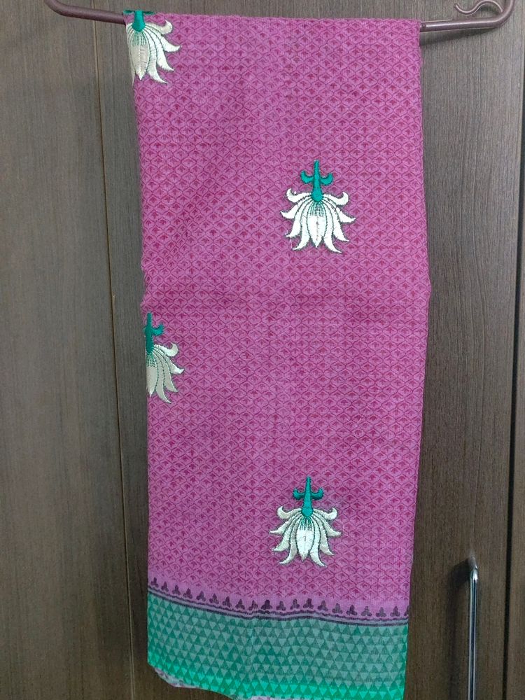 Pink With Green Border Embroidered Saree