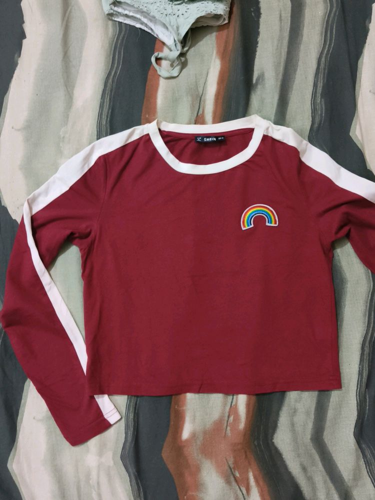 Maroon Rainbow Design Cropped Tshirt ,