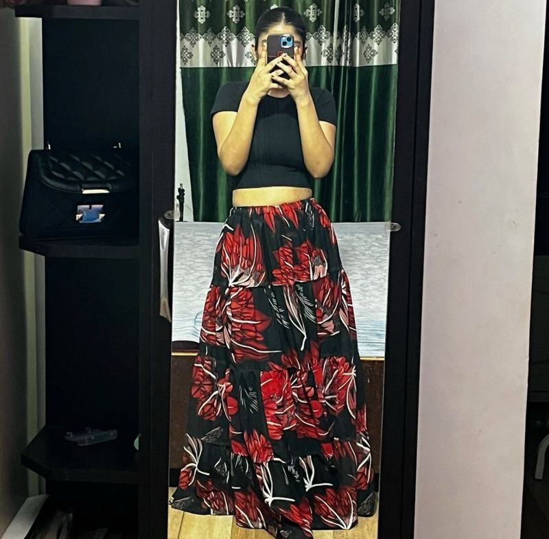 Floral Flared Long Skirt