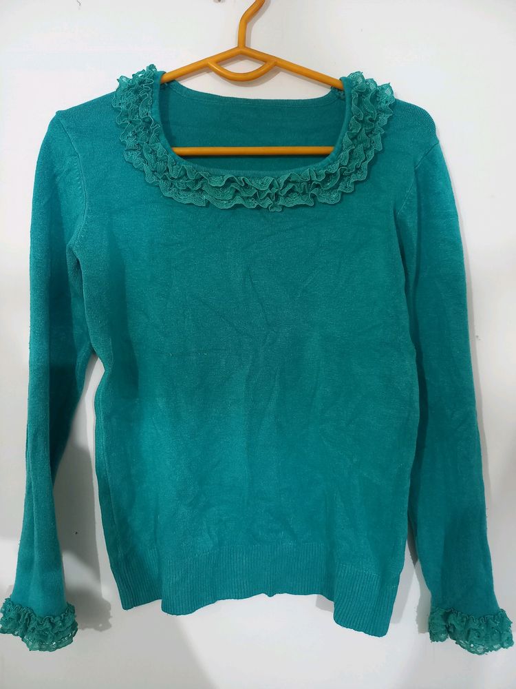 Floral Neck Design Blue Sweatshirt For Women.