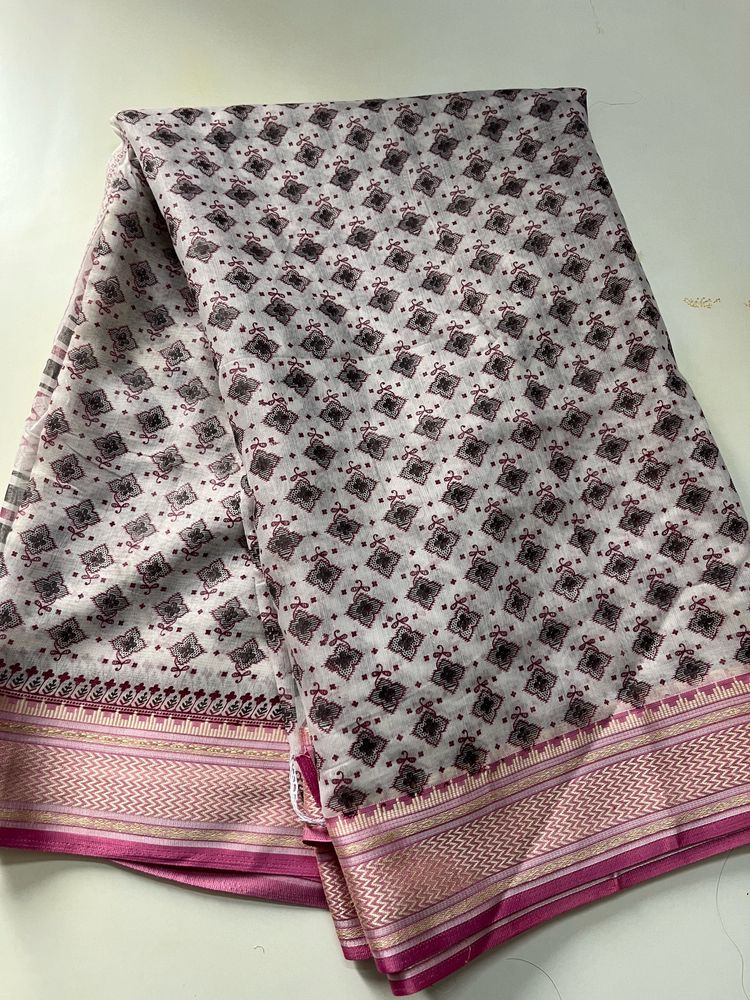 White N Pink Cotton Saree