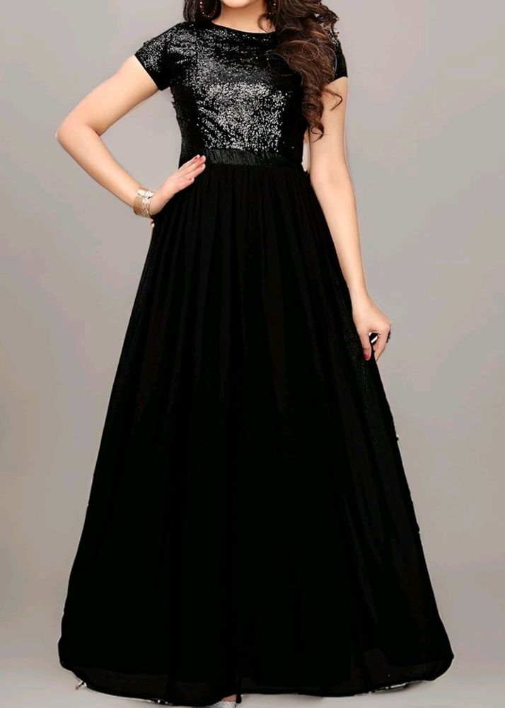 Women Sexy Black Sequence Work Gown Maxi Dress