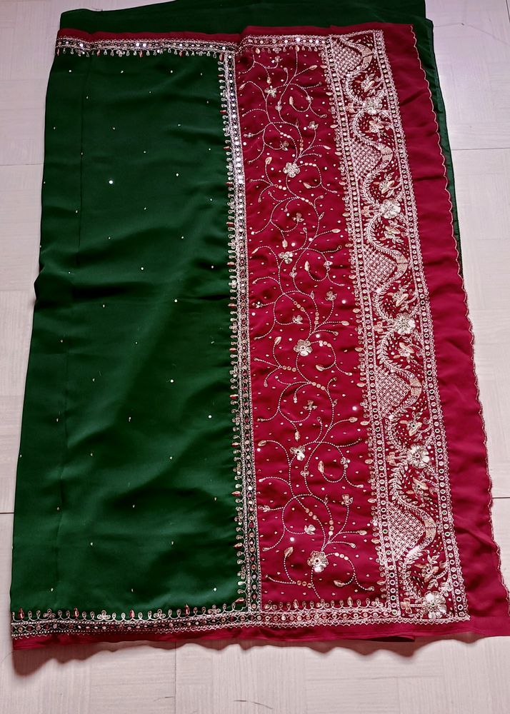 Green Saree With Stitched Blouse