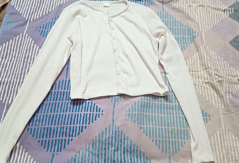 Front Button Full Sleeve White Top