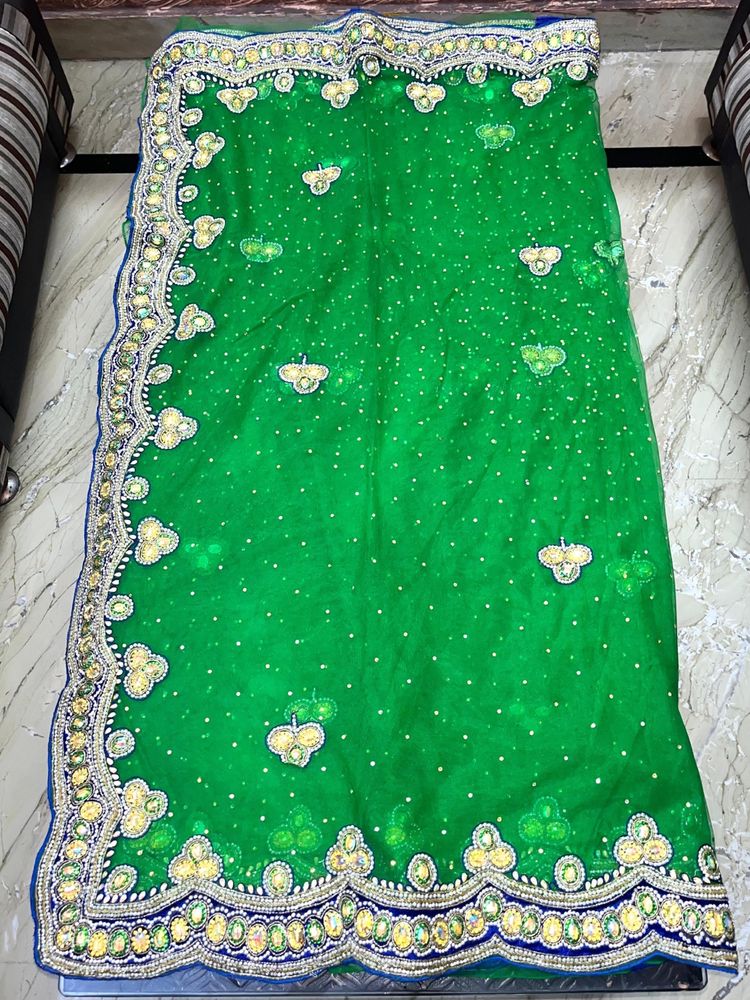 Green Color Net Embroidery Saree Without Blouse