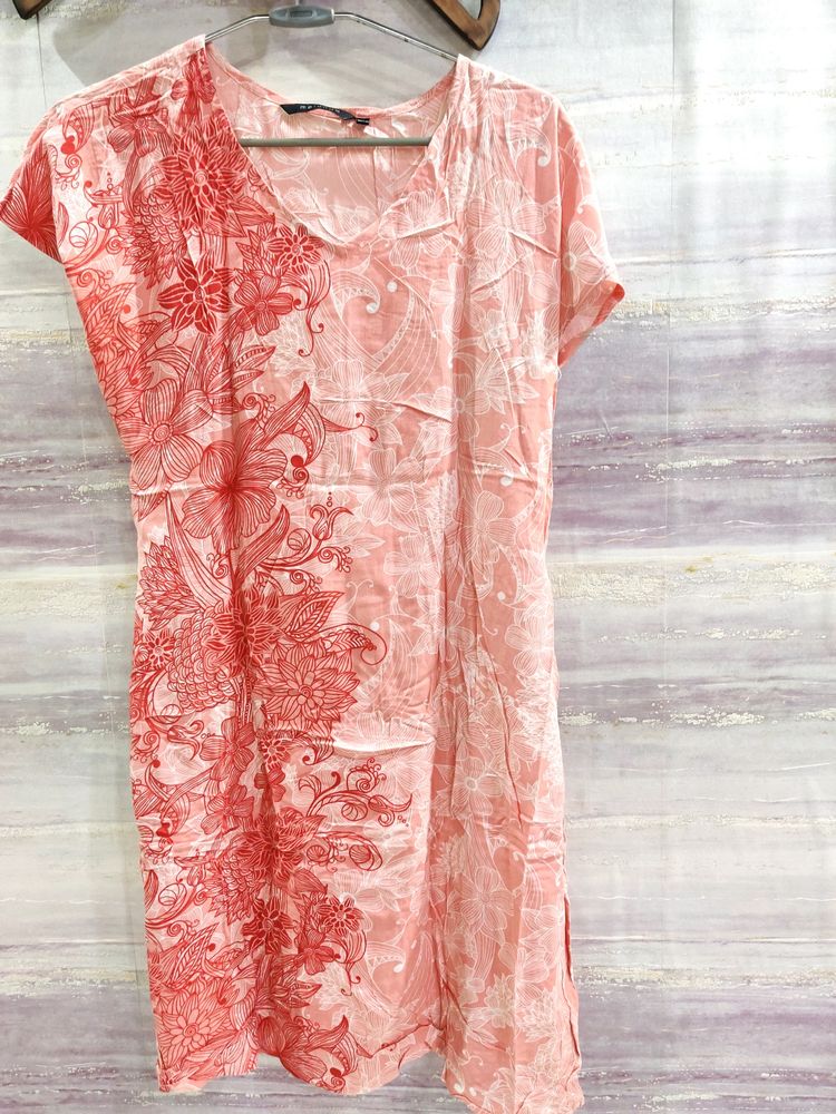 Beautiful Cotton Printed Kurti, Red And Offwhite C