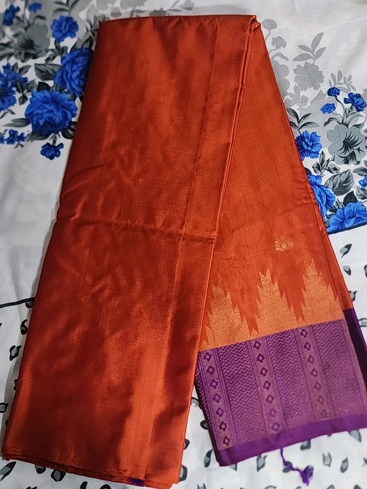 Reddish Orange With Purple Silk Saree