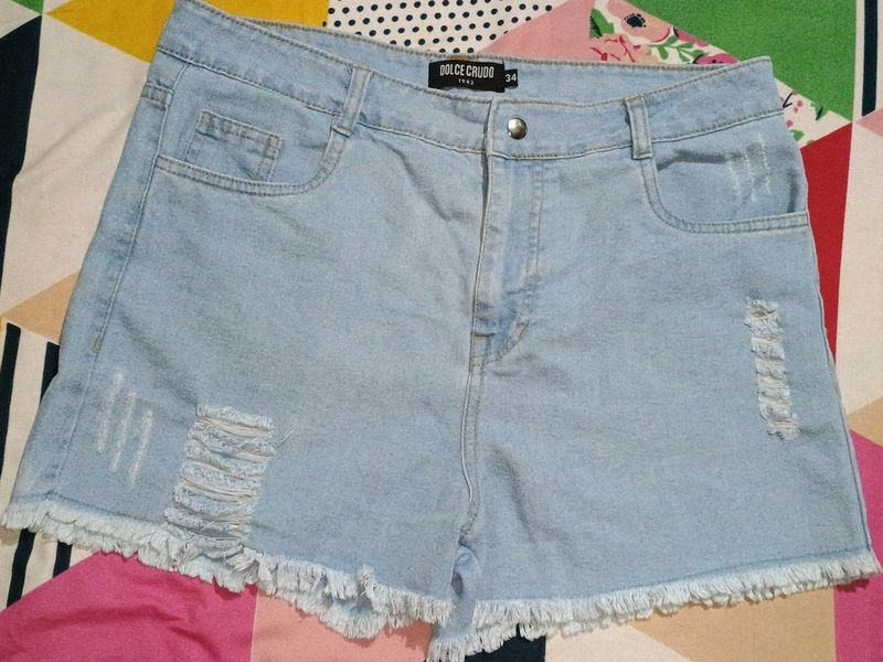 Solid Women Blue Denim Shorts