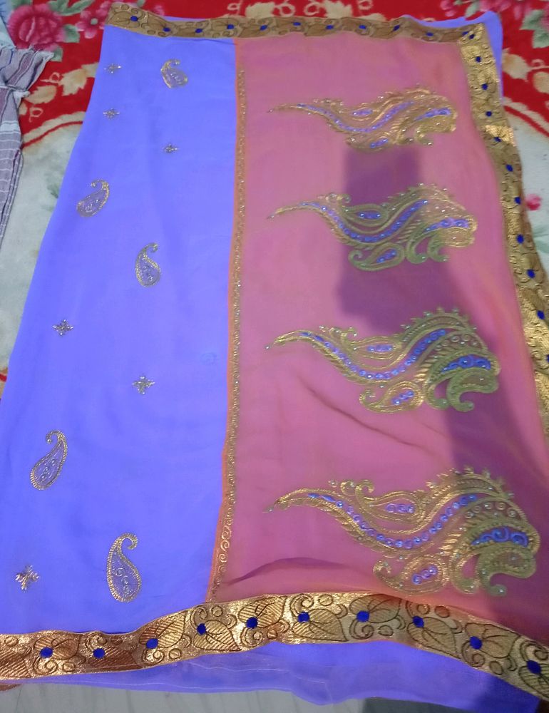 Purple With Orange Colour Fancy Saree