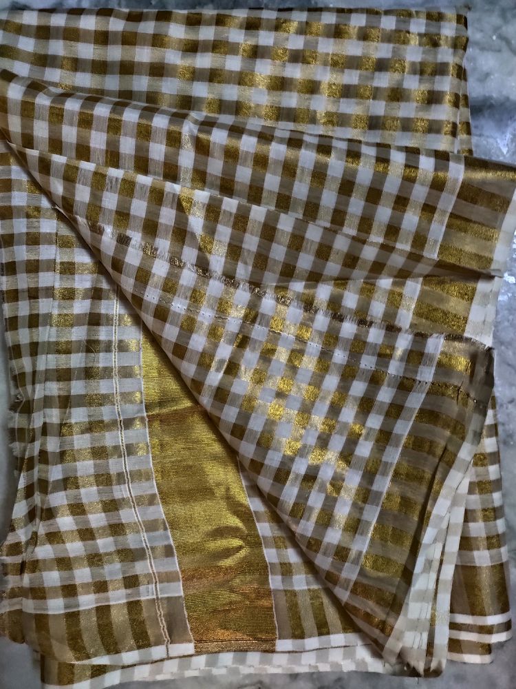 Kerala Cotton Cream With Gold  Sari Checks Saree