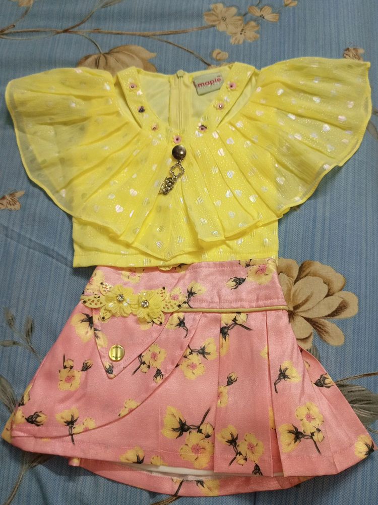 Yellow And Pink Skirt & Top For Kids