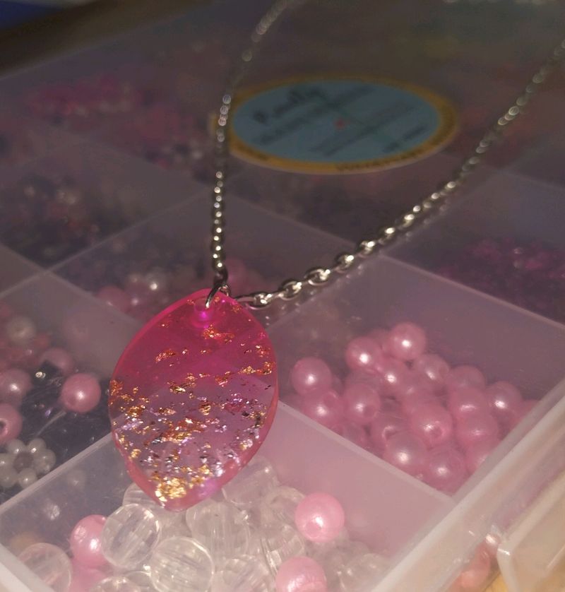 Pretty Pinkish Crystal Pendant With Silver Chain!!