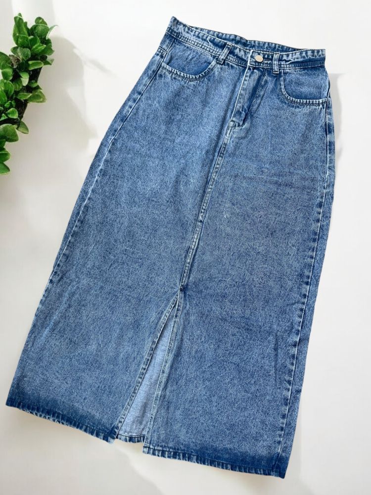 Long Denim Skirt With Slit