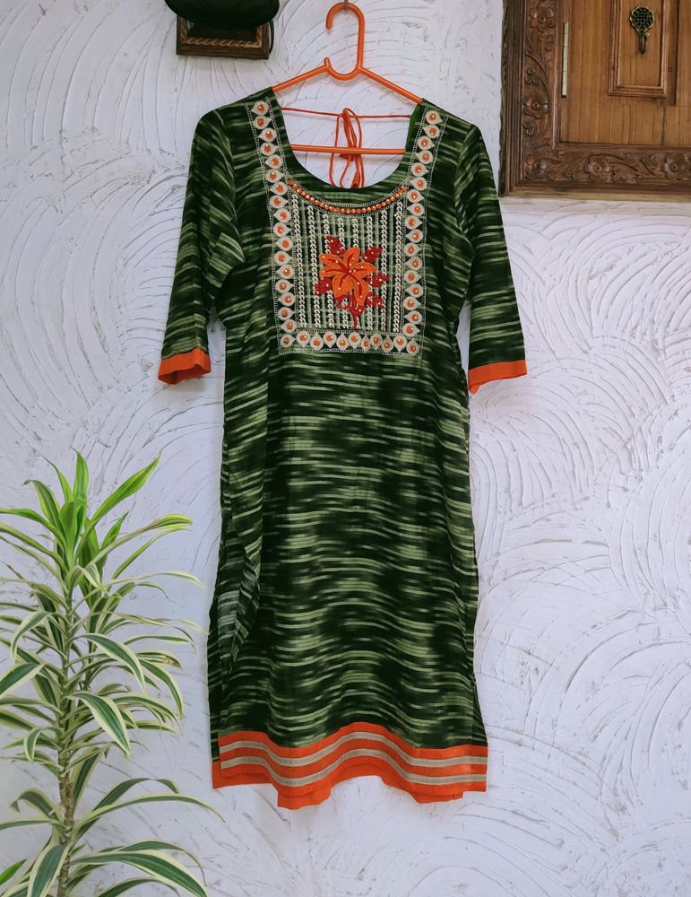 Olive Embroidery Work Kurta