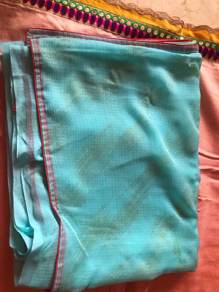 Sky Blue Saree With Golden Print