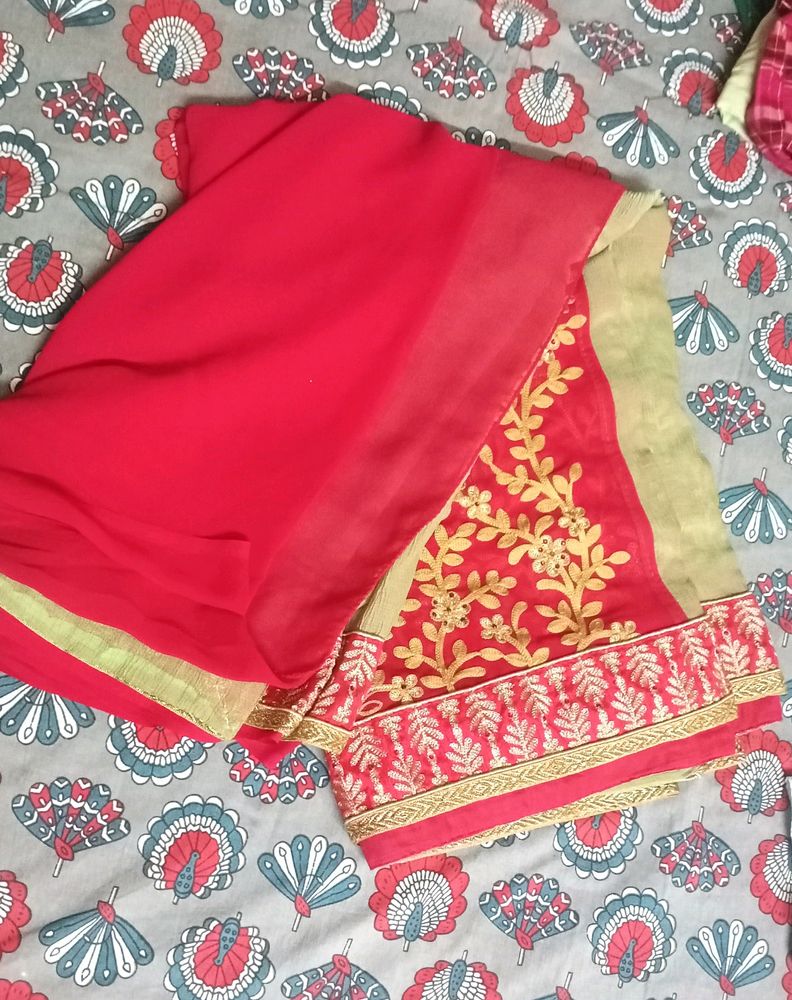 Coral Pink And Sage Green Saree With Blouse