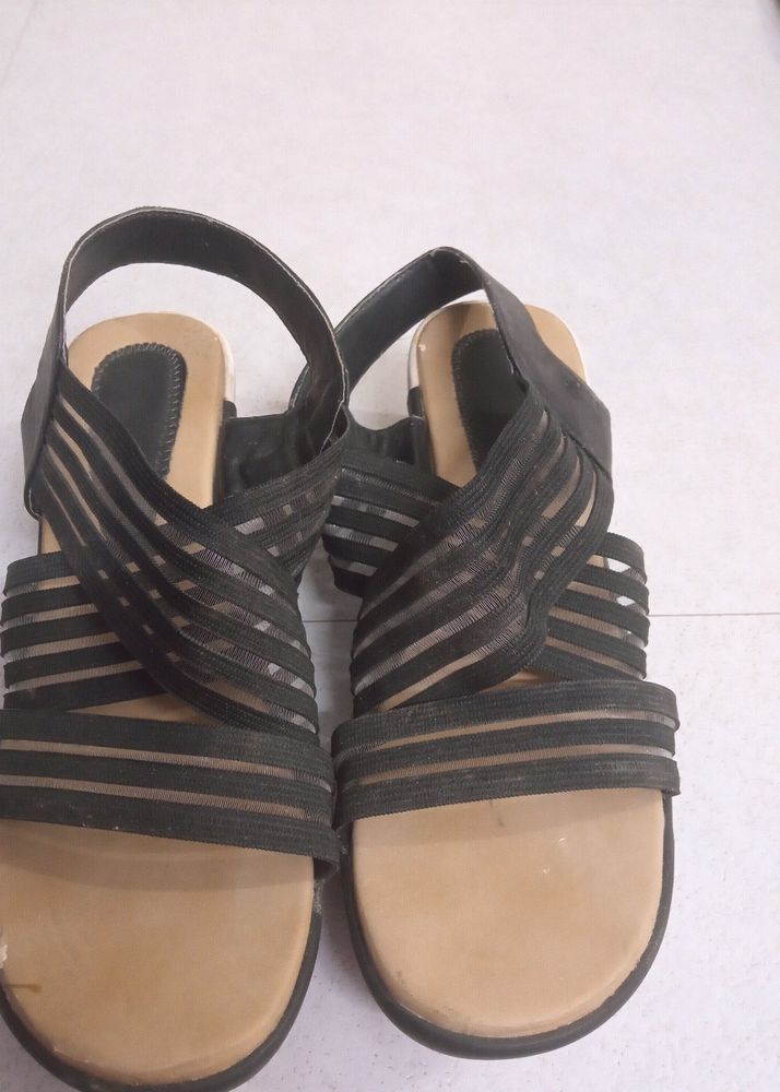 Black Striped Wedges Sandal