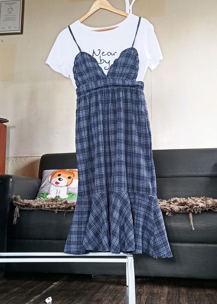 Checked Flare Dress With T Shirt Attached