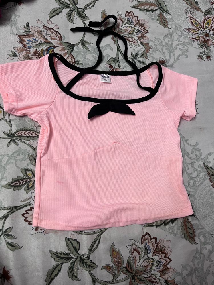 Cute Korean Bow Top In Peach Colour