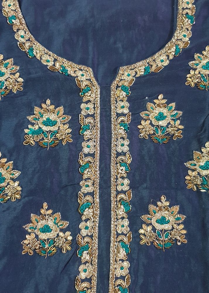 Fine Work Blue Kurta Set With Brocade Dupatta