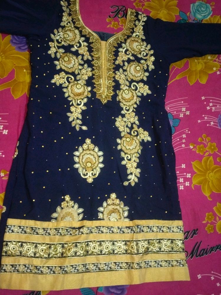 Blue Sharara Suit With Net Duppata