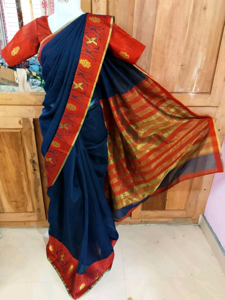 Beautiful Blue Saree With Red Blouse