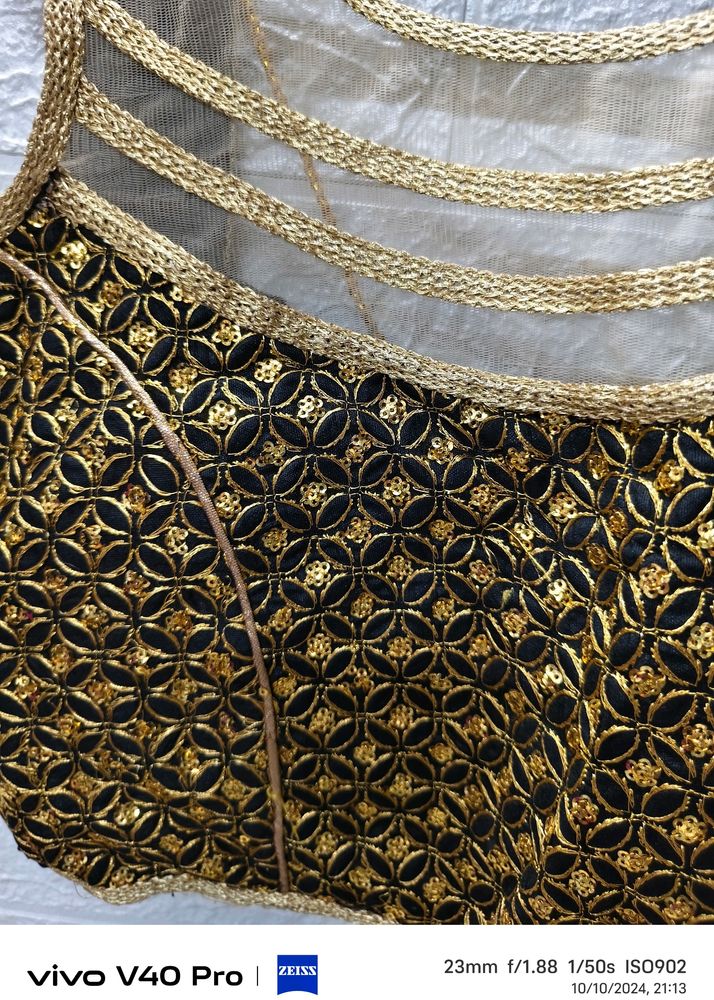 "Black Beauty: Blouse with Golden Embroidery & Net