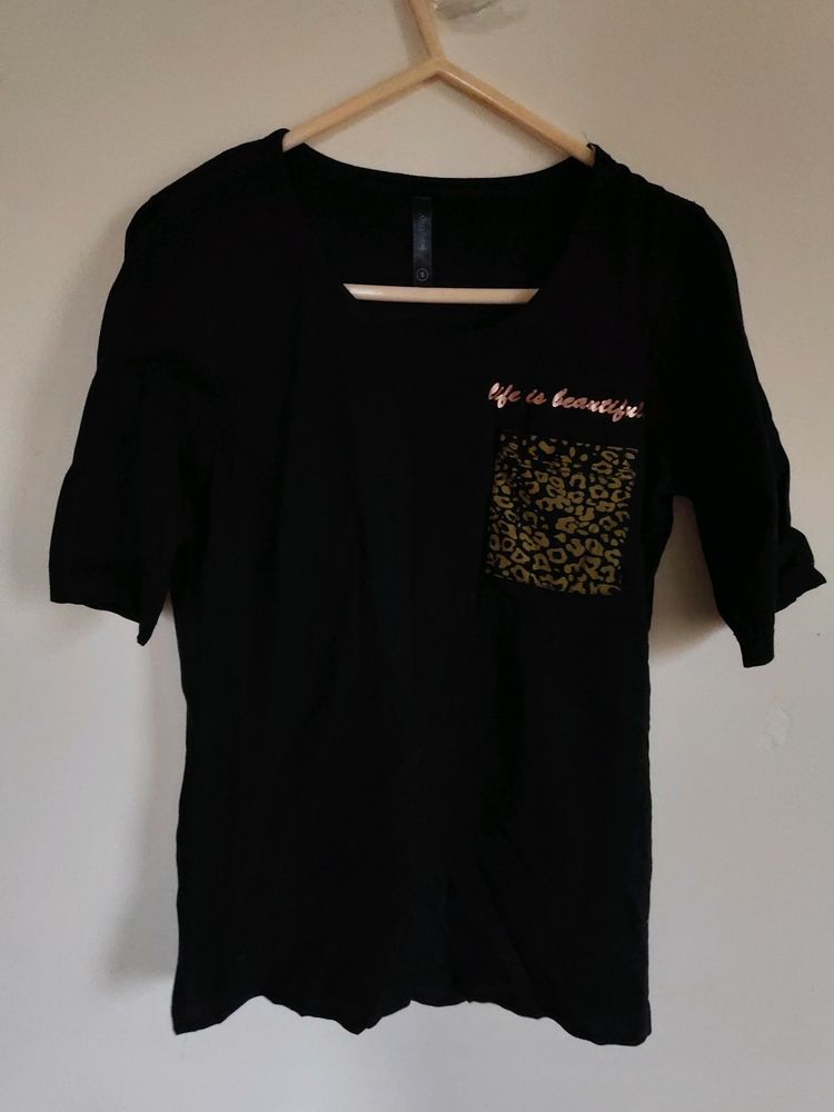 Black 3/4th Sleeves Tshirt For Women -S