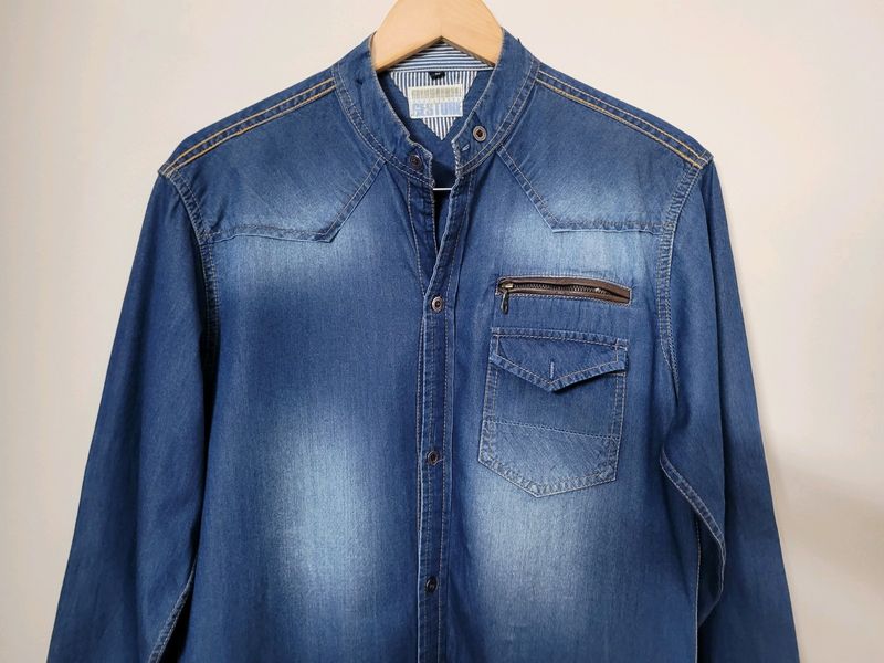 Gssture Denim Casual Shirt With Mandarin Collar