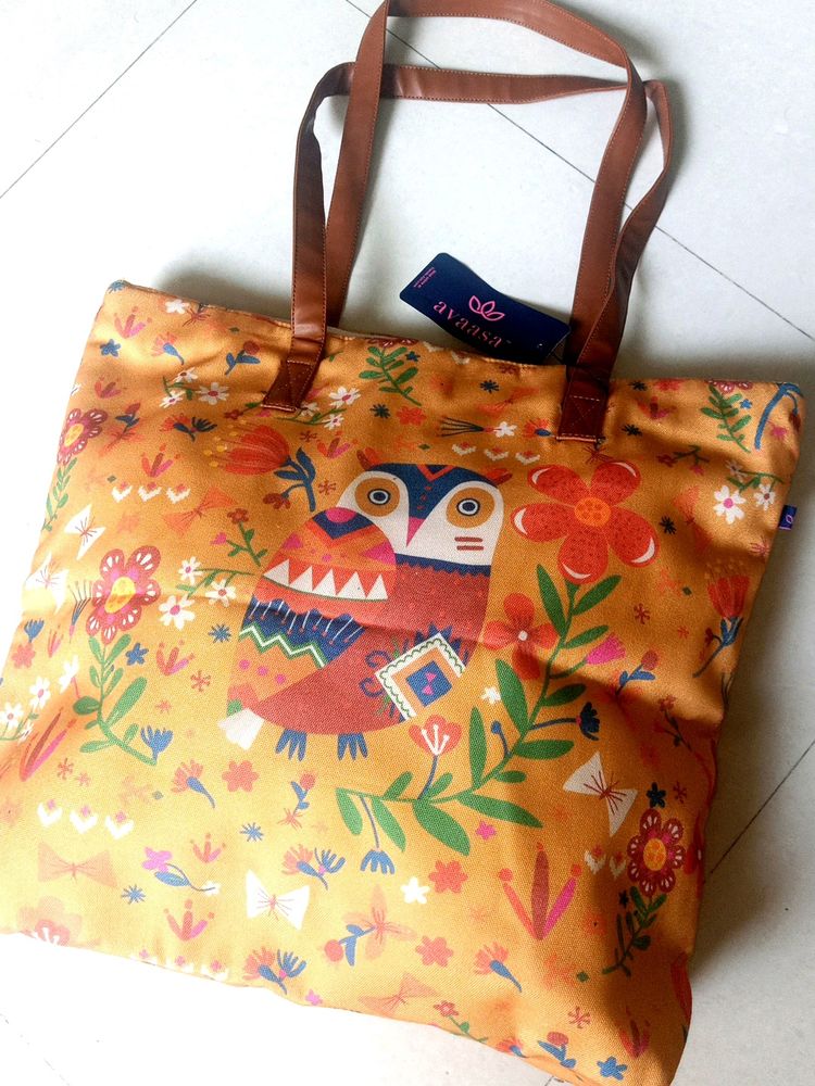 Avaasa Owl 🦉 Printed Orenge Tote Bag Party Wear