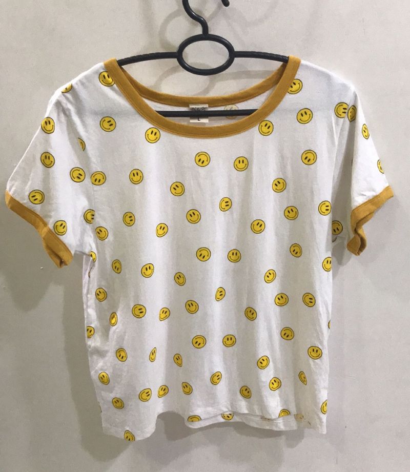 Smiley White With Mustard Yellow Ringer T-shirt