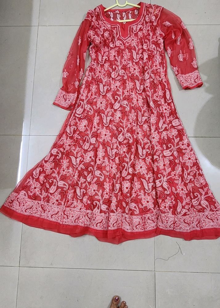 Beautiful Chikan Anarkali Rust Red Kurta