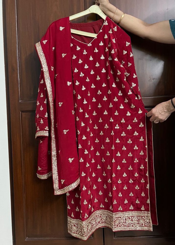 Zardozi Embroidered Pure Silk Red Suit, Churidhar