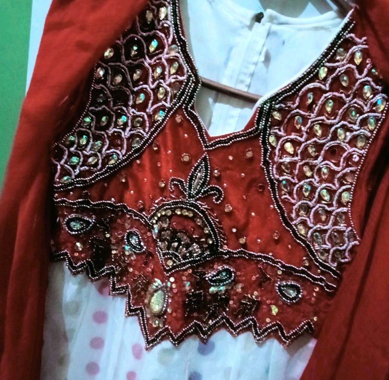 Red Frocksuit With Net Dupatta