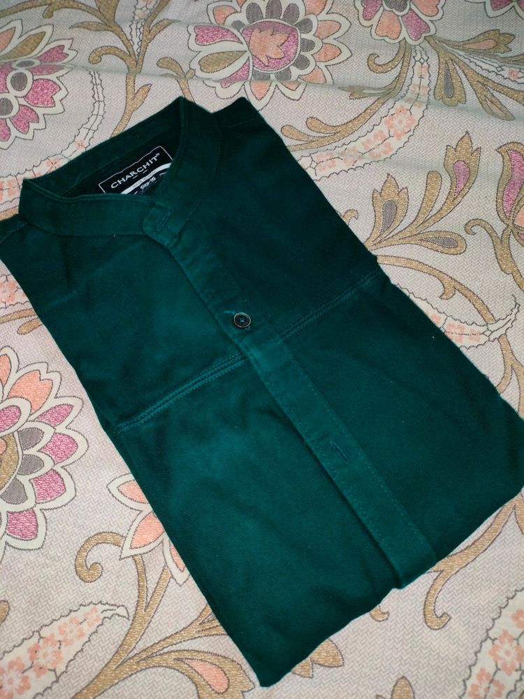 Bottle Green Shirt | Mandarian Collar |Slim Fit