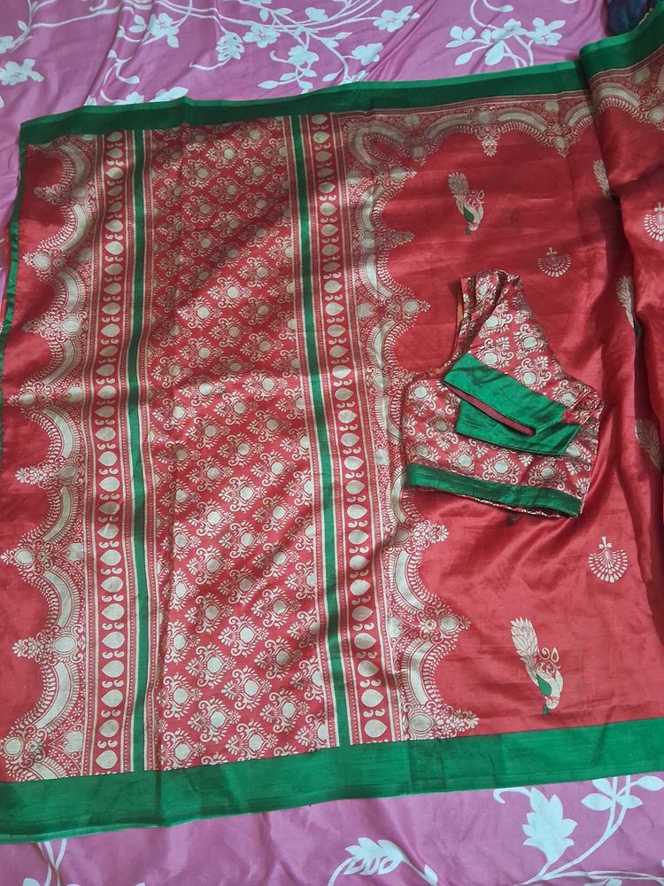 Art Silk Saree With Readymade 42 Size Blouse