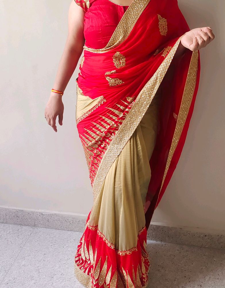 Party Wear Saare Combination Of Golden & Red