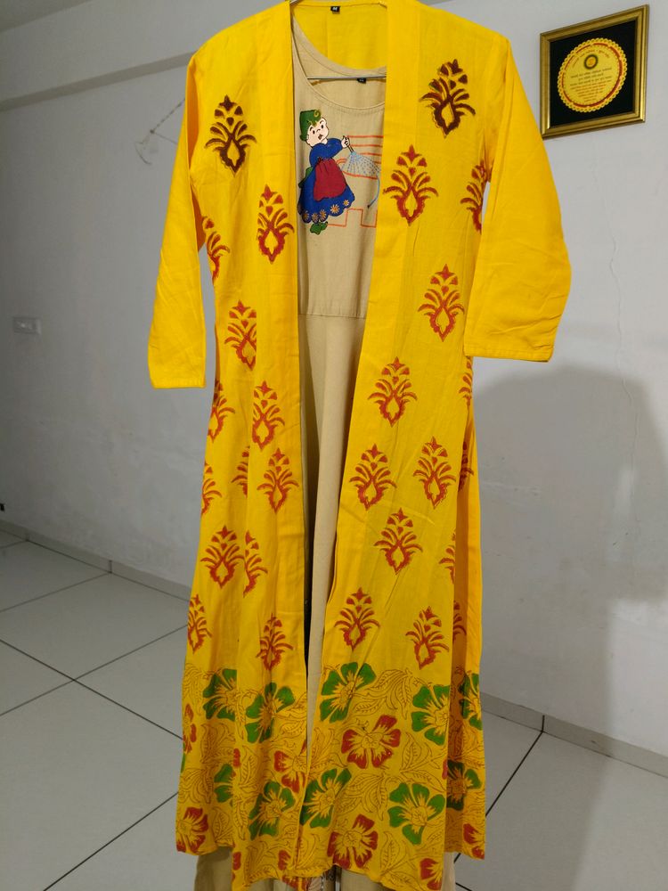 Cream And Yellow Colour Printing Gaun