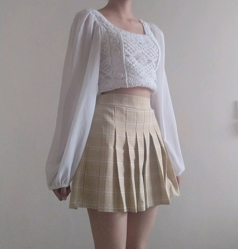 Crochet Crop Top/ Korean Style Pletted Skirt